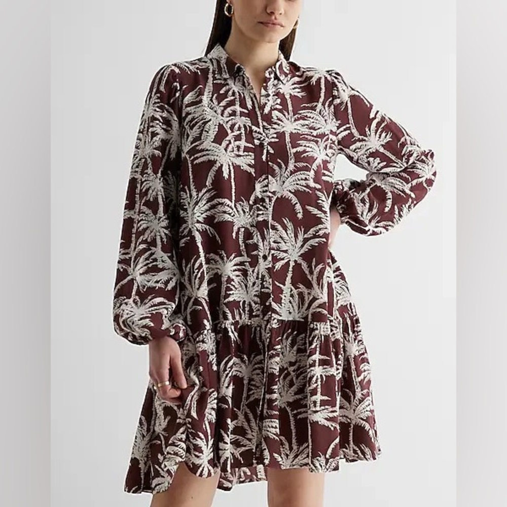 EXPRESS Women's Casual Printed Ruffle Hem Oversized Shirt Dress Palm Tree